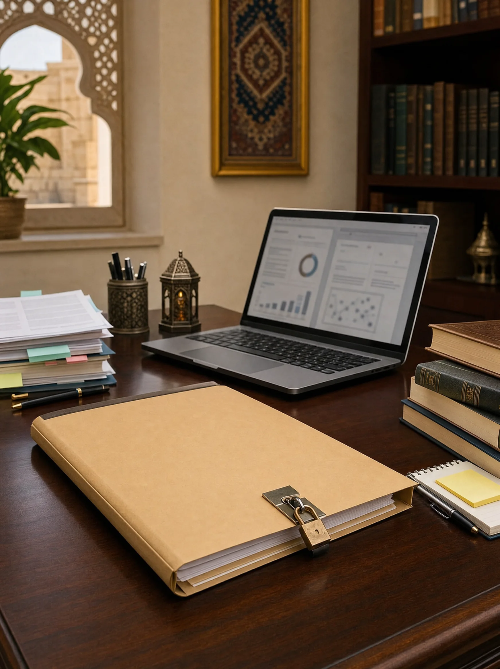 Confidential academic quality review workspace with locked folder, laptop, manuscripts, and reference books