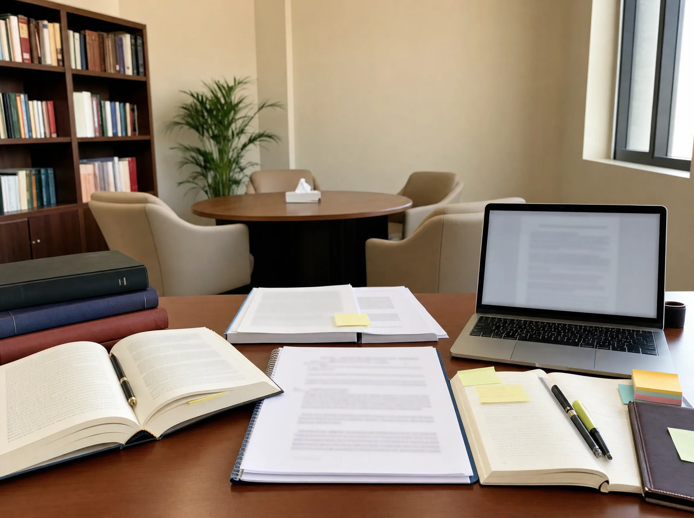 Ethical academic research review workspace with thesis documents, laptop, and reference books
