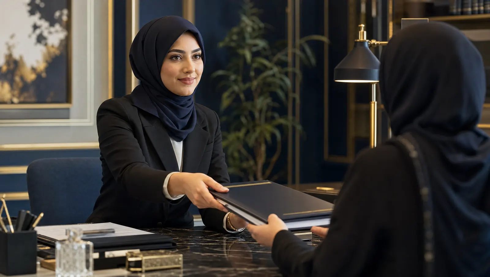 Hijab-wearing academic support advisor handing over confidential research documents