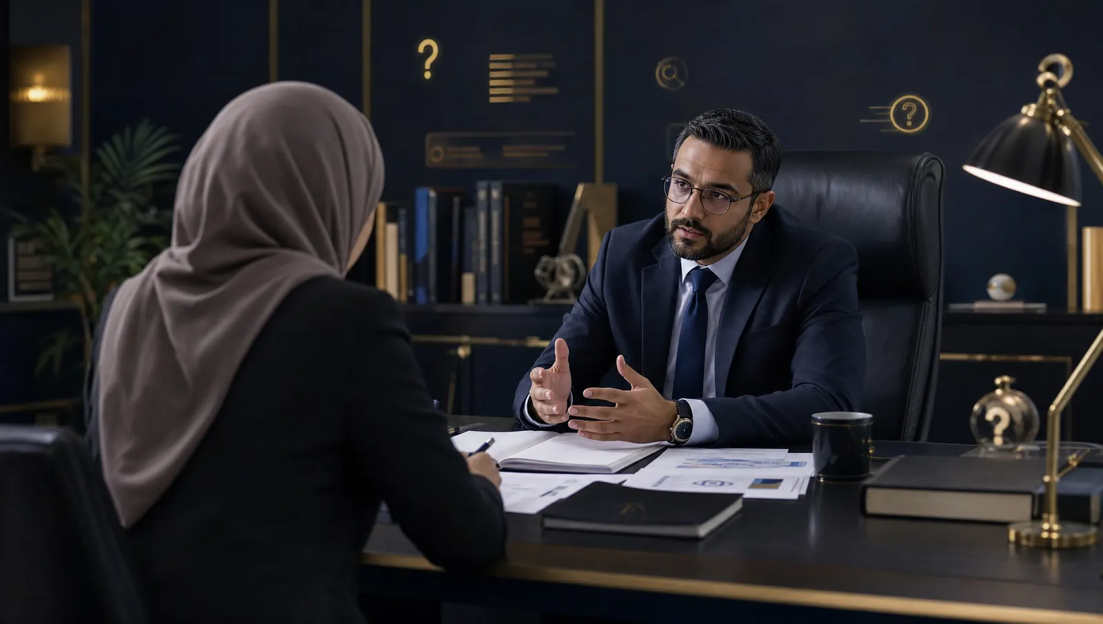 Hijab-wearing postgraduate student receiving confidential academic guidance