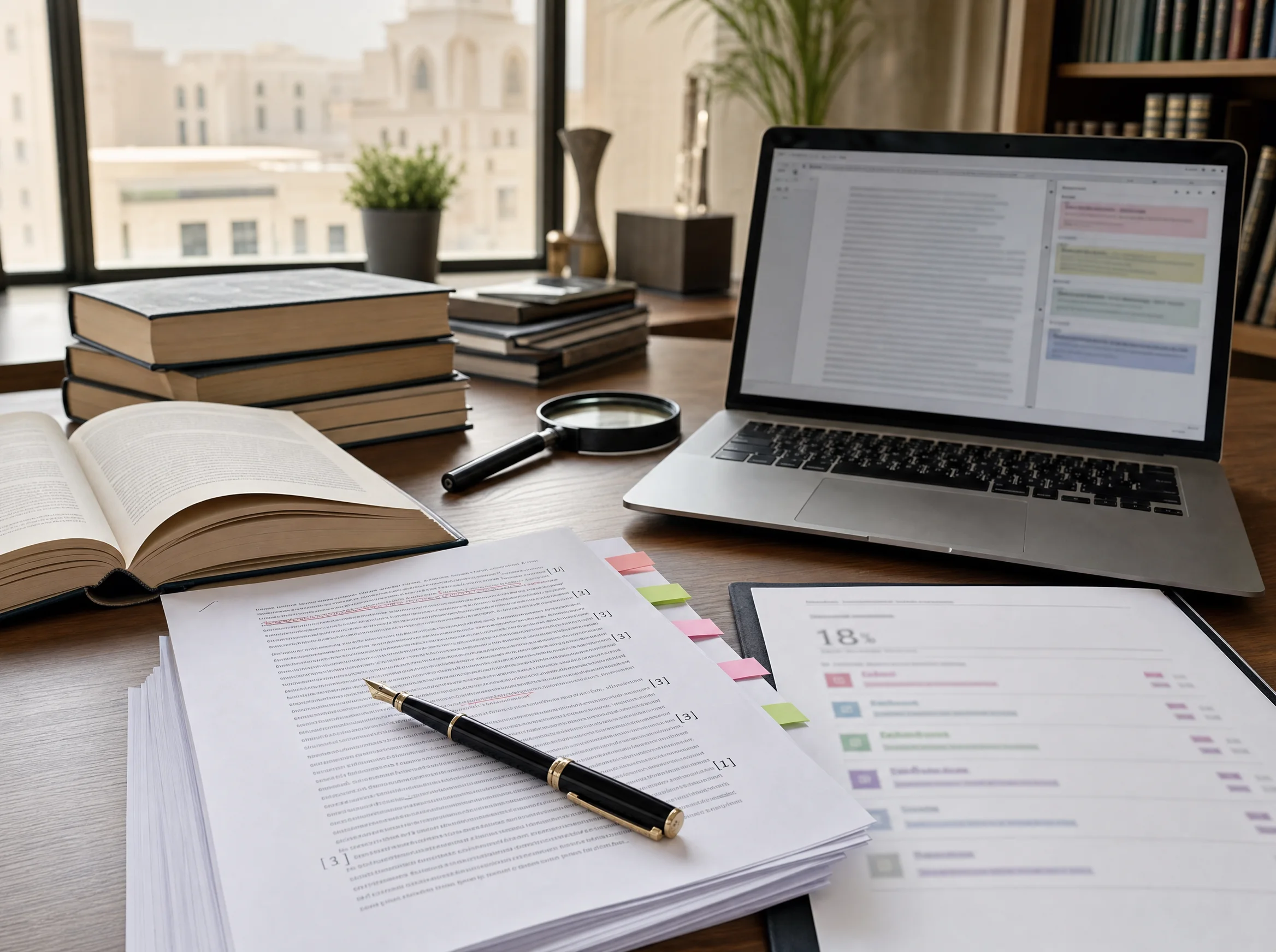Research integrity workspace with citation notes, reference books, manuscript review, and originality report