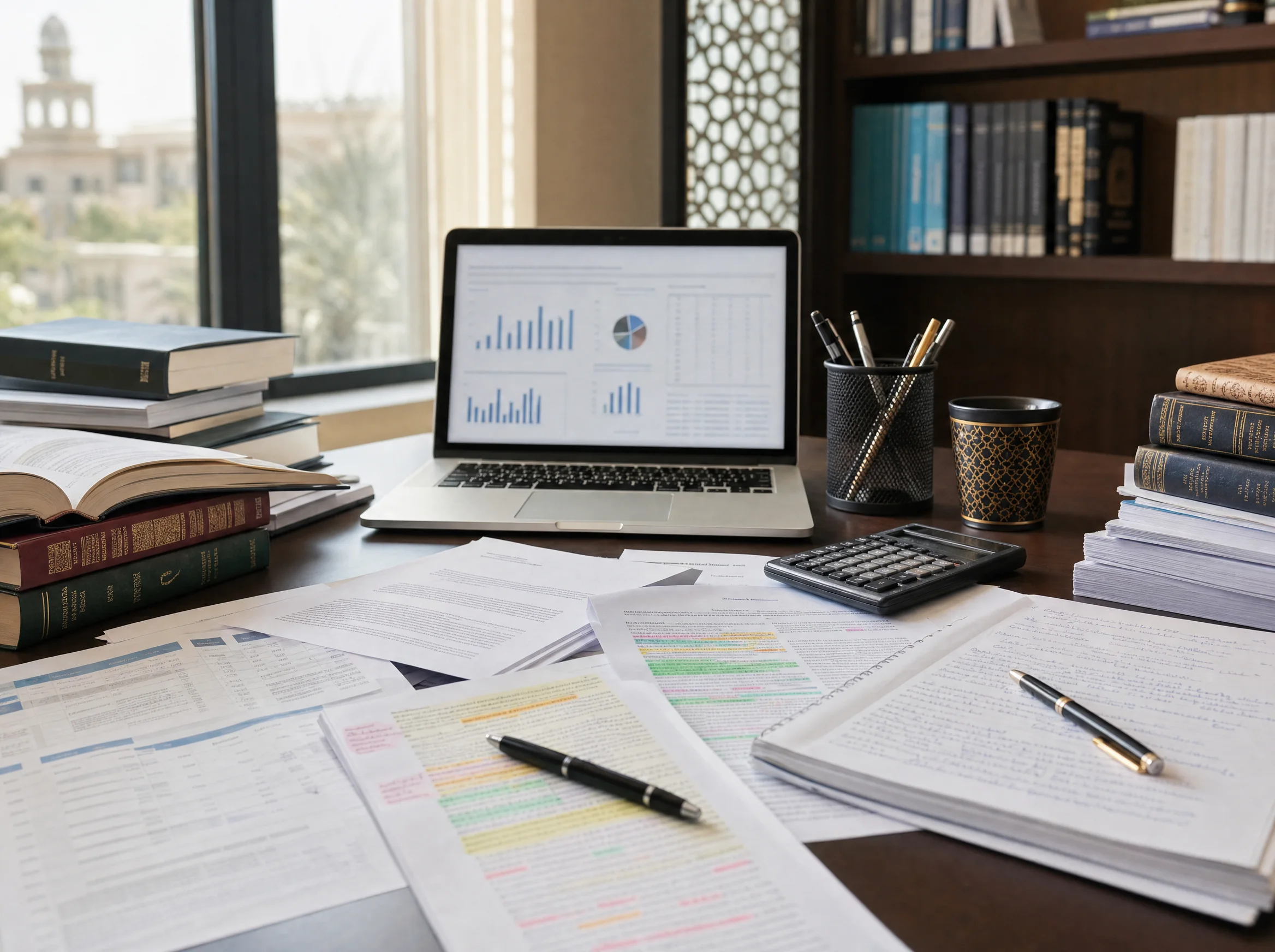 Academic services workspace with statistical charts, manuscripts, books, and review documents