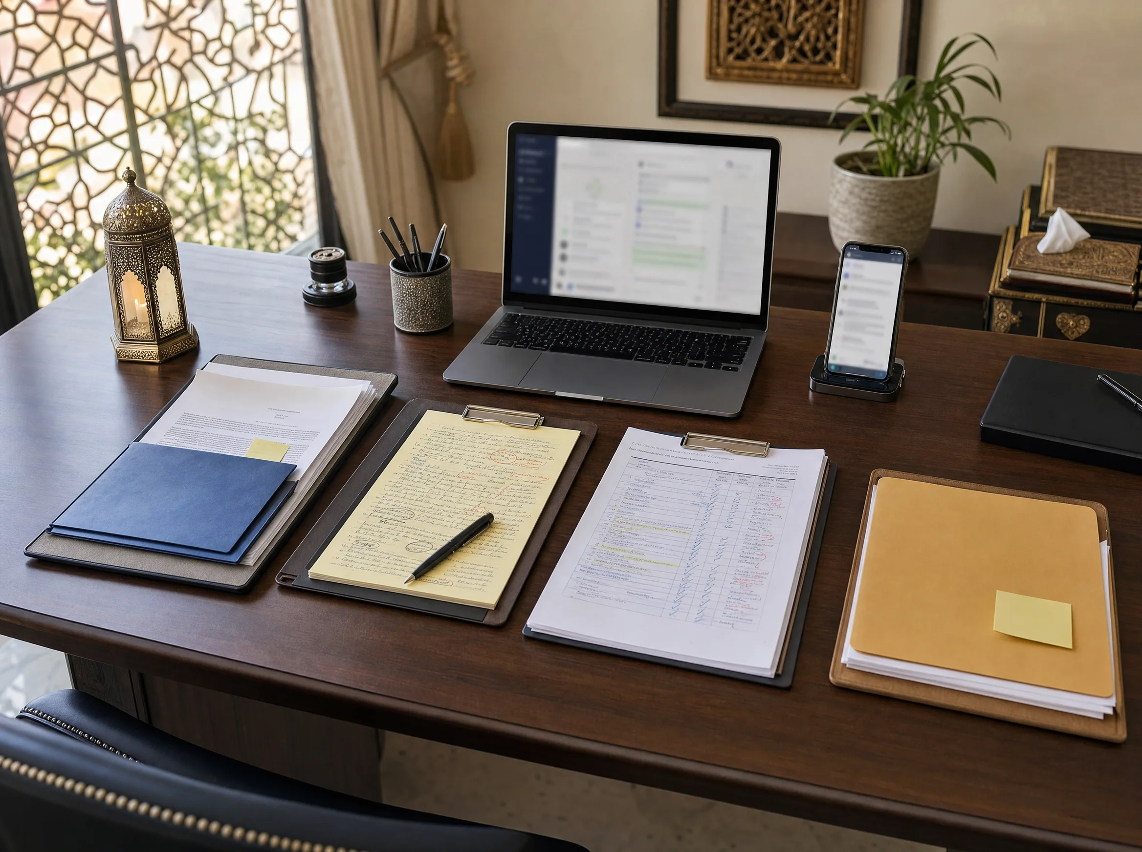 Organized academic workflow desk with folders, review notes, laptop, and private message screen